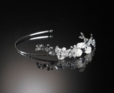 Asymmetrical headband with ivory flowers on silver
